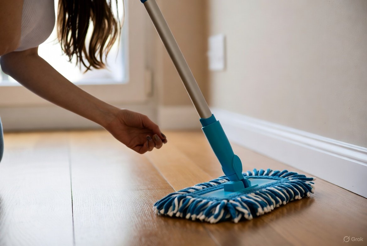 mopping in cozy apartment